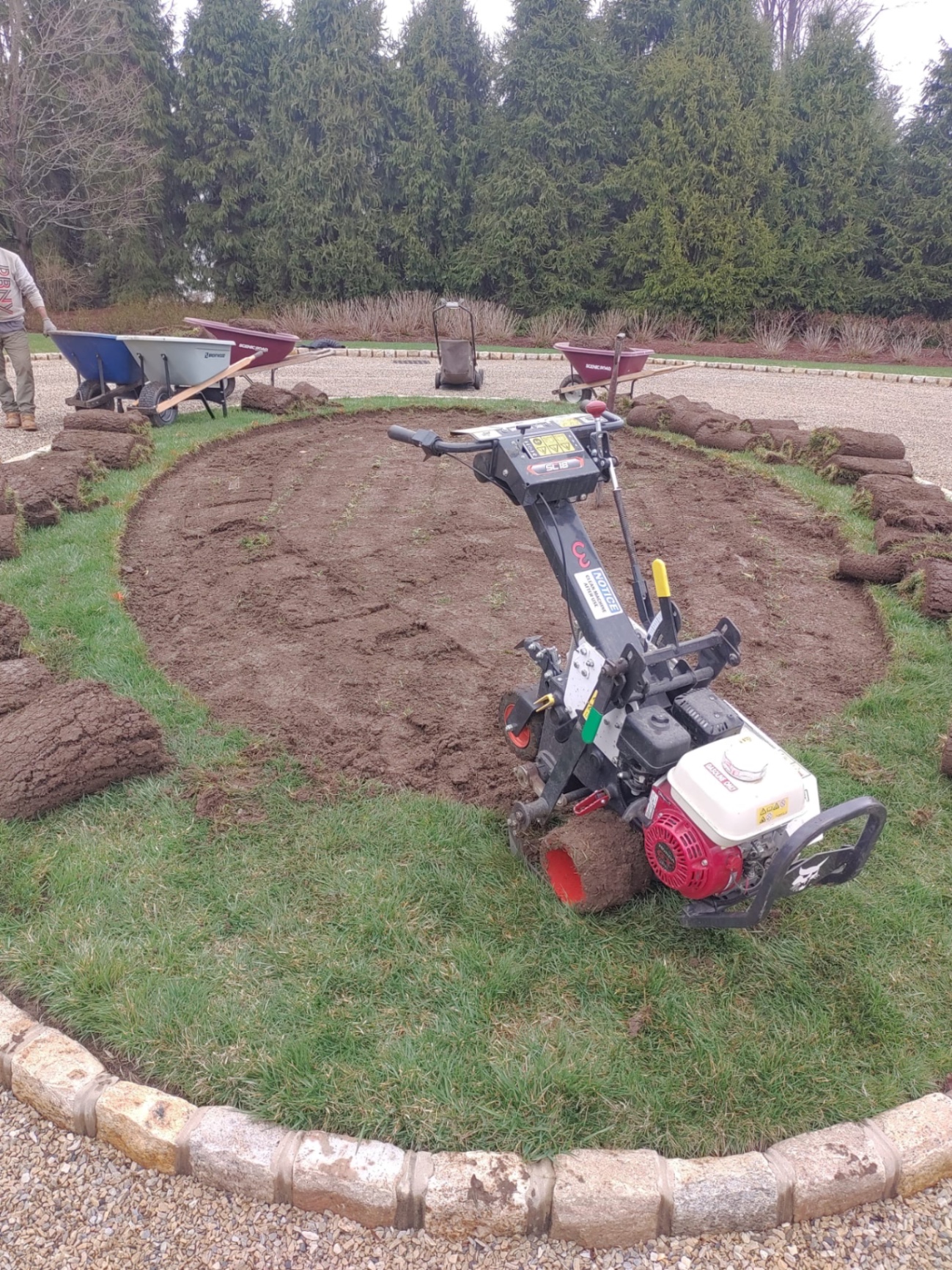 Sod cutter and rolled sod on a stripped circle island being regraded during a landscape renovation