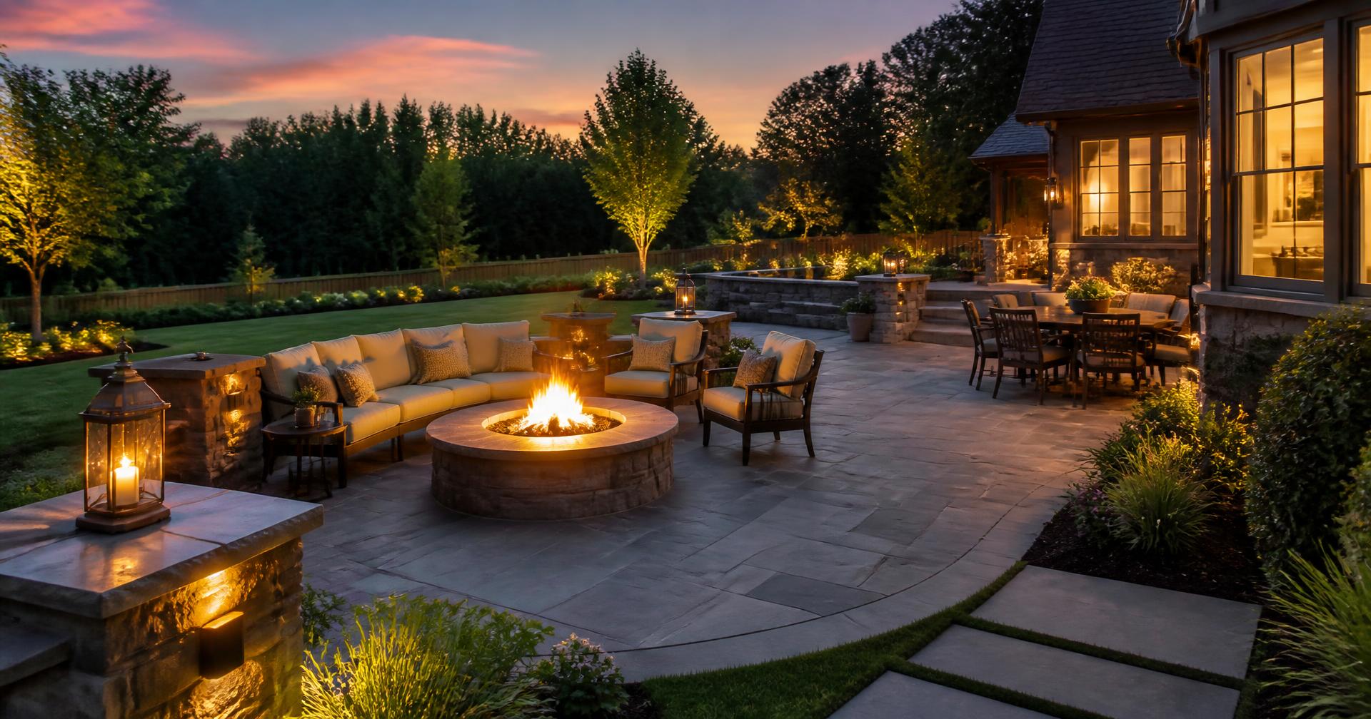Illuminated bluestone patio and manicured lawn at a luxury New Jersey property in the evening